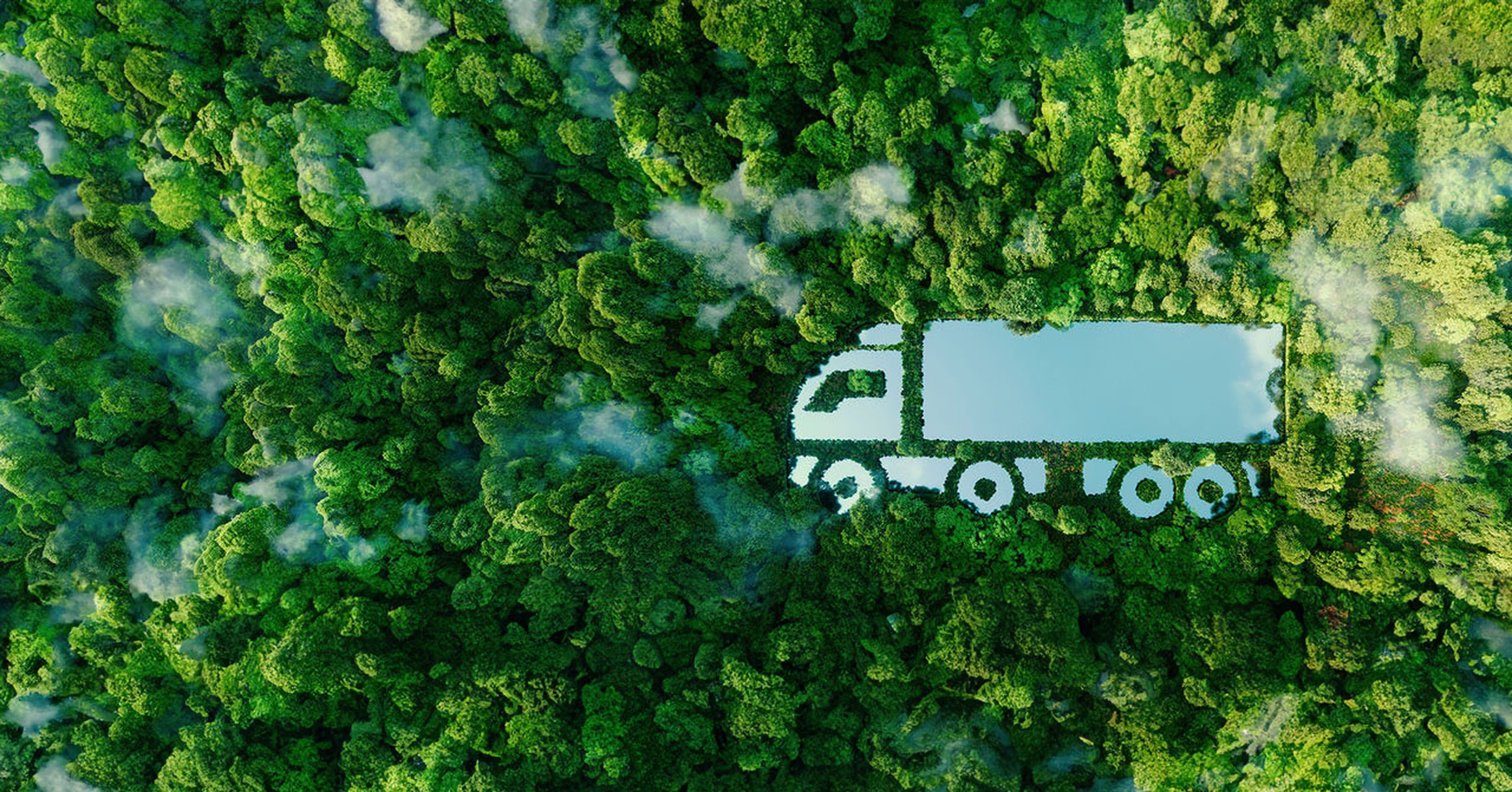 Forme d’un camion dans une forêt verte vue du ciel.