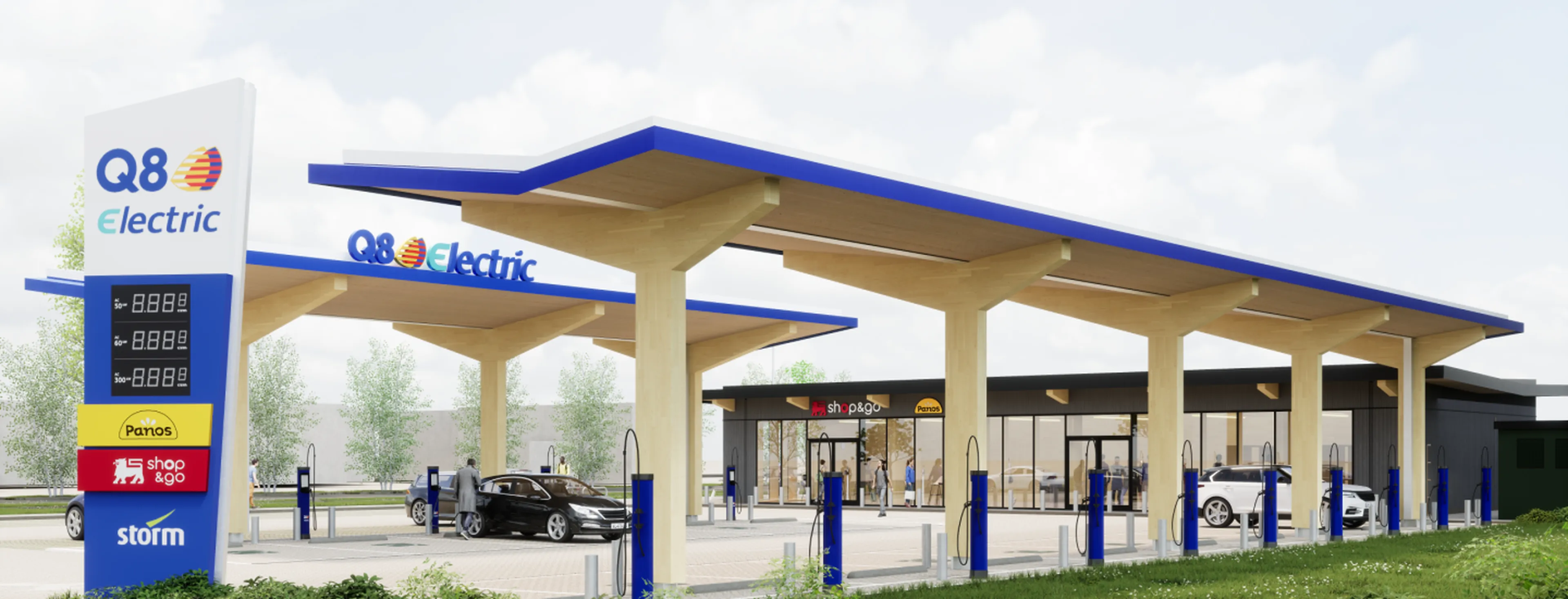 Rendu d’une future station de recharge rapide Q8 electric avec bornes, commerces, sandwicherie, café et restaurants dans un environnement verdoyant.